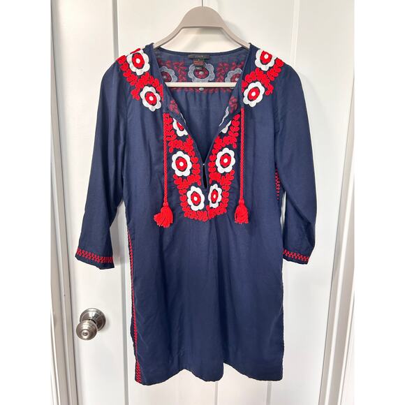J. Crew Women's Red Embroidered Floral Beach Cover-Up Tunic Dress Blue Small - Picture 2 of 11